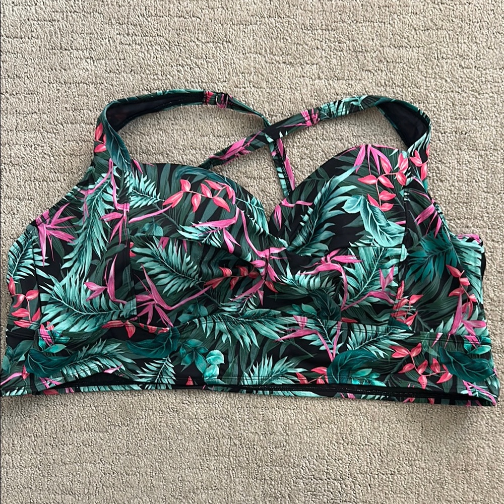Torrid Leaf Print Swim Top with Pink and Green Accents